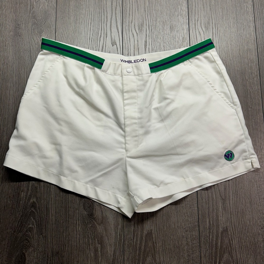 Vintage Wimbledon Tennis Shorts Mens 40 White Green Purple Striped Style 3250